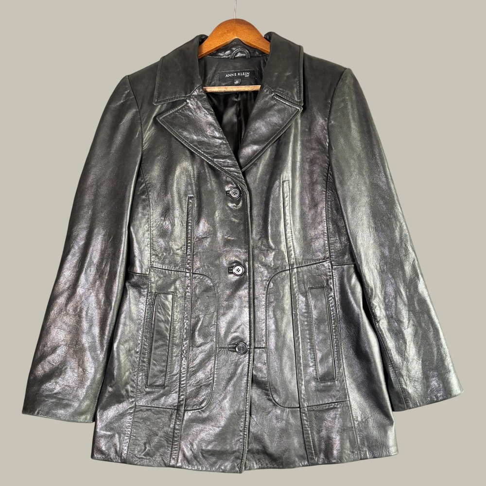 Anne Klein Blazer Jacket 10 Blk Soft Leather Notch Lapel Button Front Goth Chic